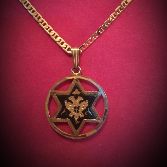 Rare HEXAGRAM DAMASCENE STAR OF DAVID NECKLACE PENDANT VINTAGE